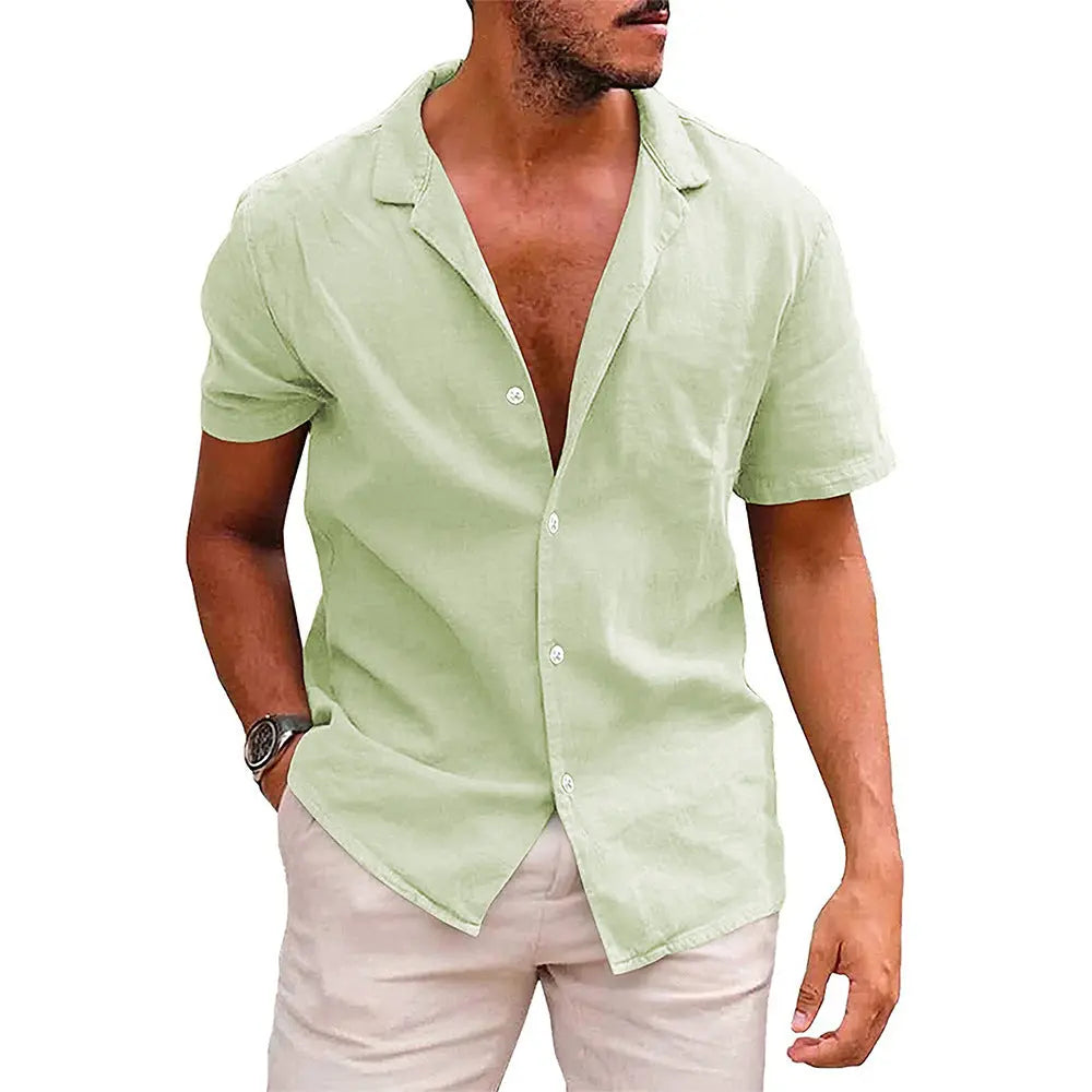 Summer Lapels Solid Color Short Sleeve Cotton And Linen Shirt