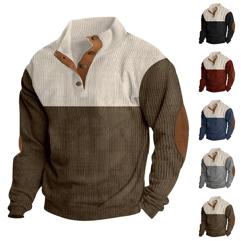 Casual Button Stand-collar Long Sleeve Pullover Sweatshirt For Men Fashion Colorblock Design Loose Tops - Old Money Classic