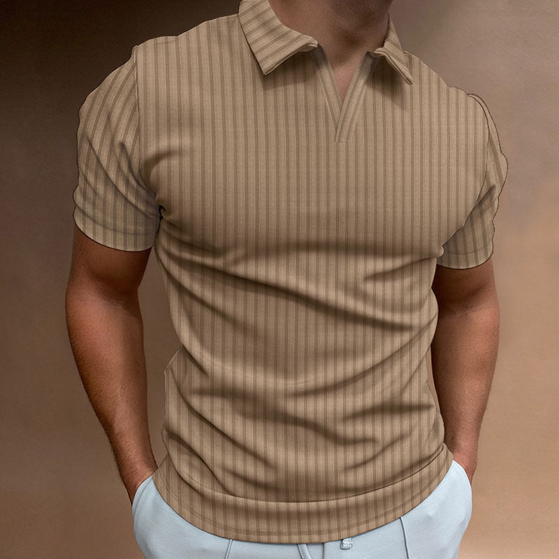 New Polo Shirt Lapel V-line Striped Short-sleeved Men's T-shirt - Old Money Classic