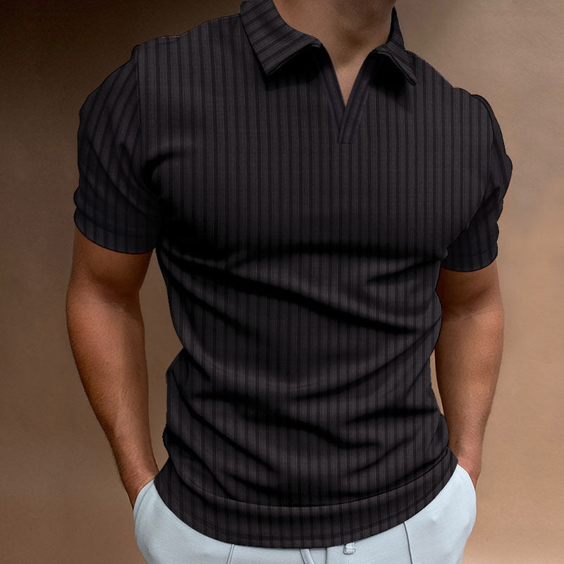 New Polo Shirt Lapel V-line Striped Short-sleeved Men's T-shirt - Old Money Classic