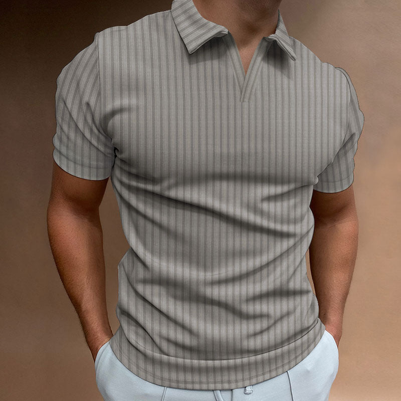 New Polo Shirt Lapel V-line Striped Short-sleeved Men's T-shirt - Old Money Classic