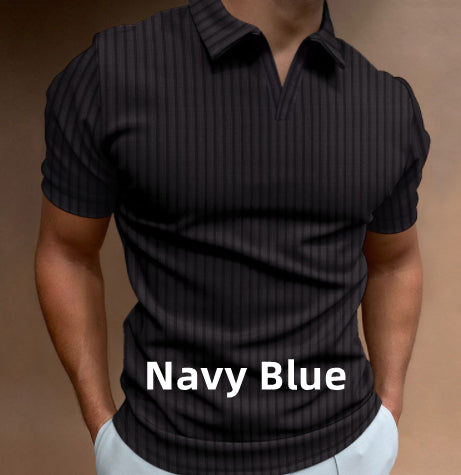 New Polo Shirt Lapel V-line Striped Short-sleeved Men's T-shirt - Old Money Classic