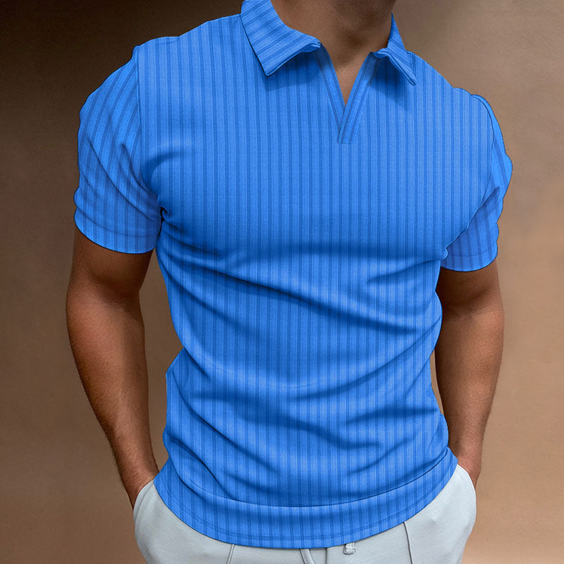 New Polo Shirt Lapel V-line Striped Short-sleeved Men's T-shirt - Old Money Classic