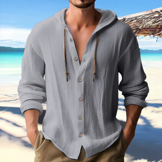 Thin Cotton And Linen Shirt Hooded Button Shirt