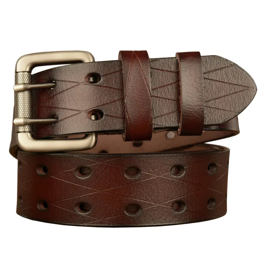 Double Pin Two Layer Cowhide Casual Belt - Old Money Classic