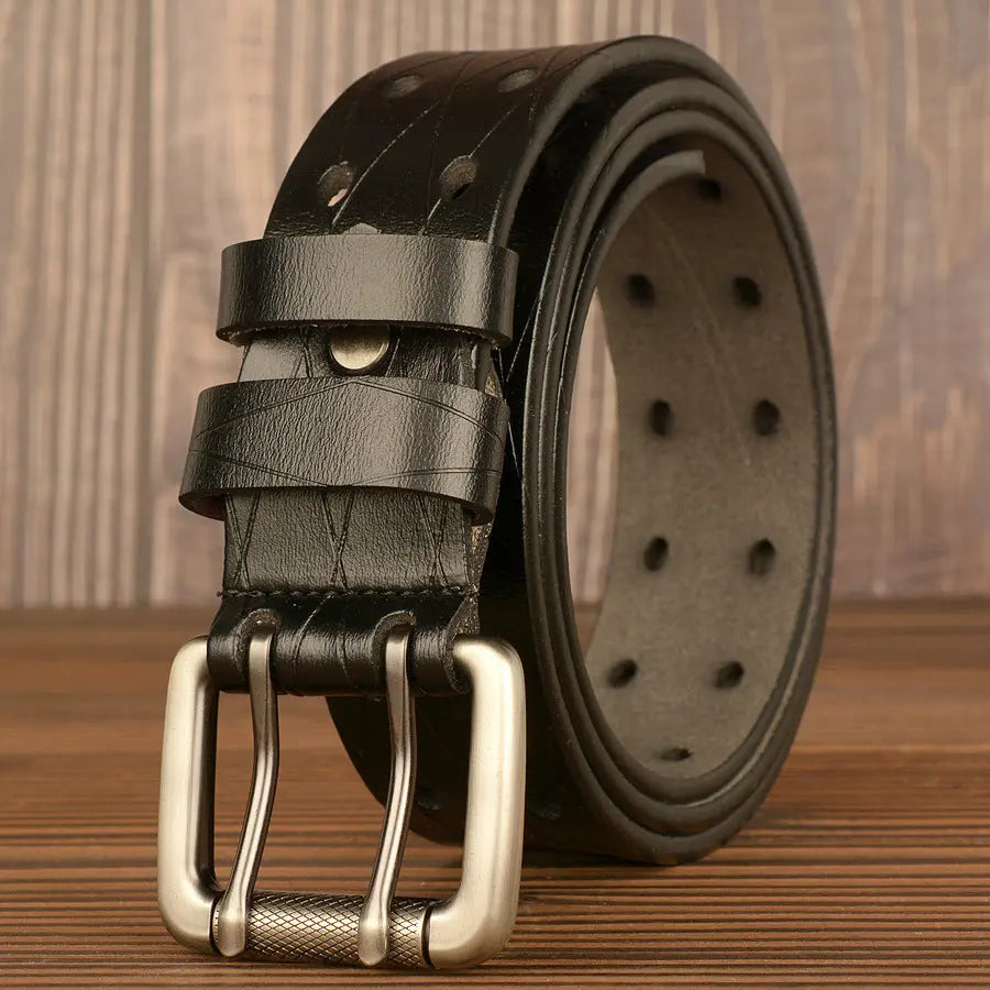 Double Pin Two Layer Cowhide Casual Belt - Old Money Classic