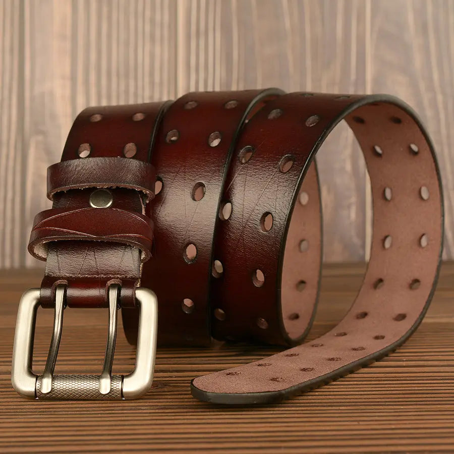 Double Pin Two Layer Cowhide Casual Belt - Old Money Classic