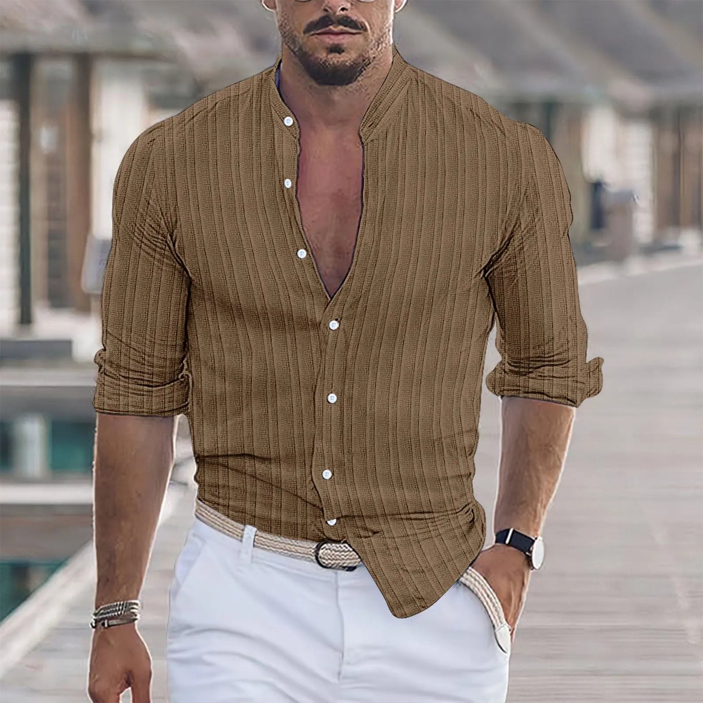 Cotton And Linen Stripes Jacquard Shirt