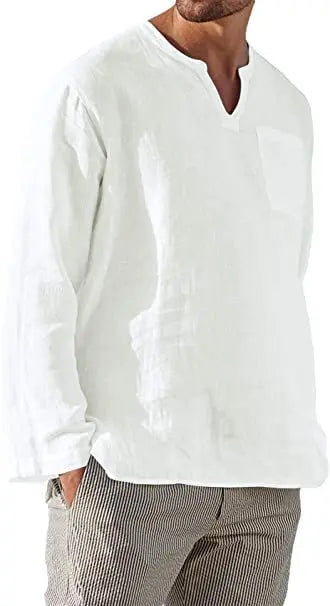 Long Sleeve V-neck Casual Beach Linen Shirt