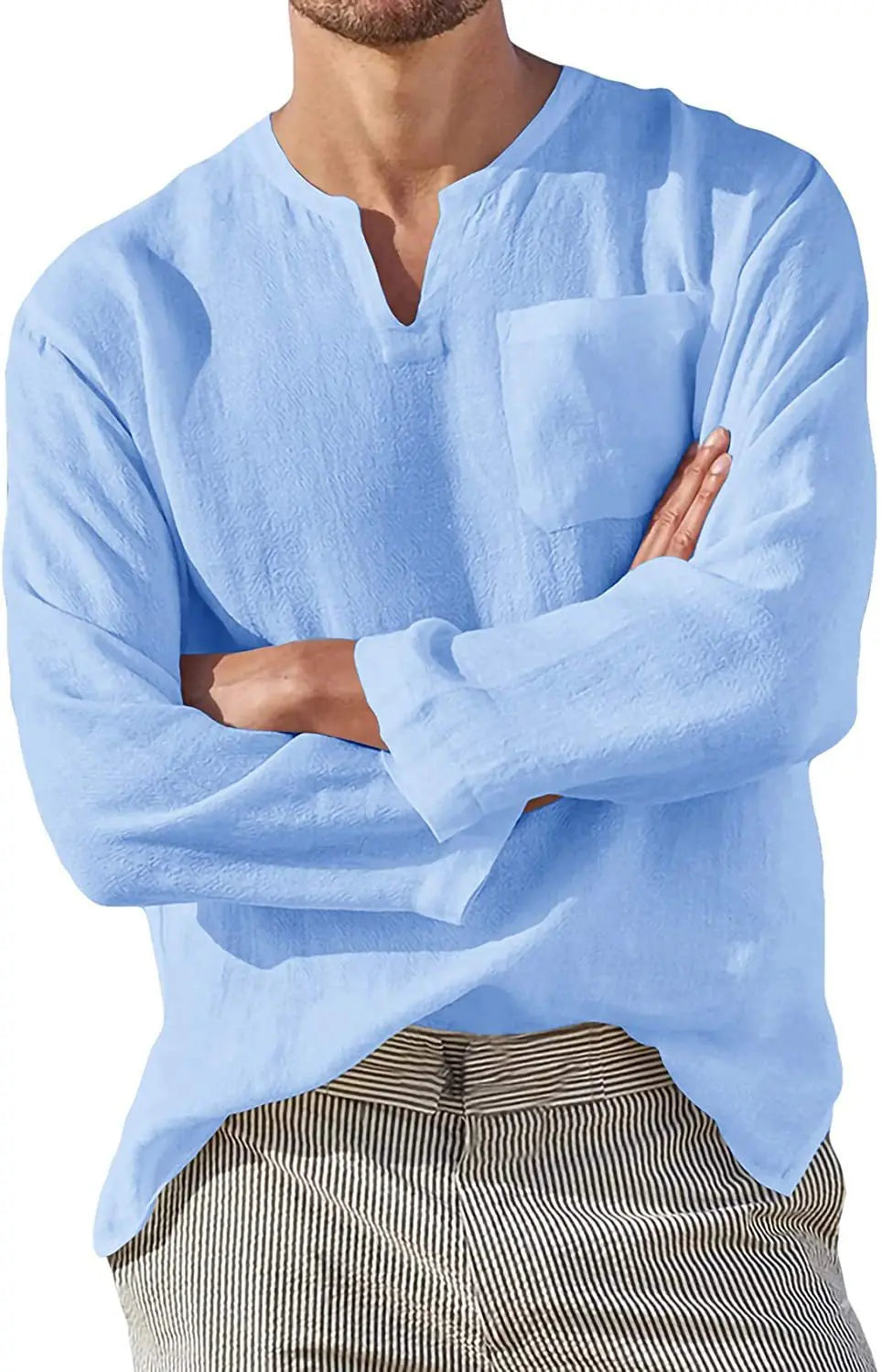 Long Sleeve V-neck Casual Beach Linen Shirt