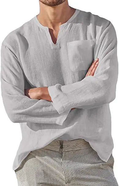 Long Sleeve V-neck Casual Beach Linen Shirt