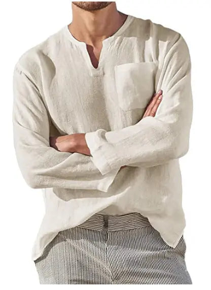 Long Sleeve V-neck Casual Beach Linen Shirt