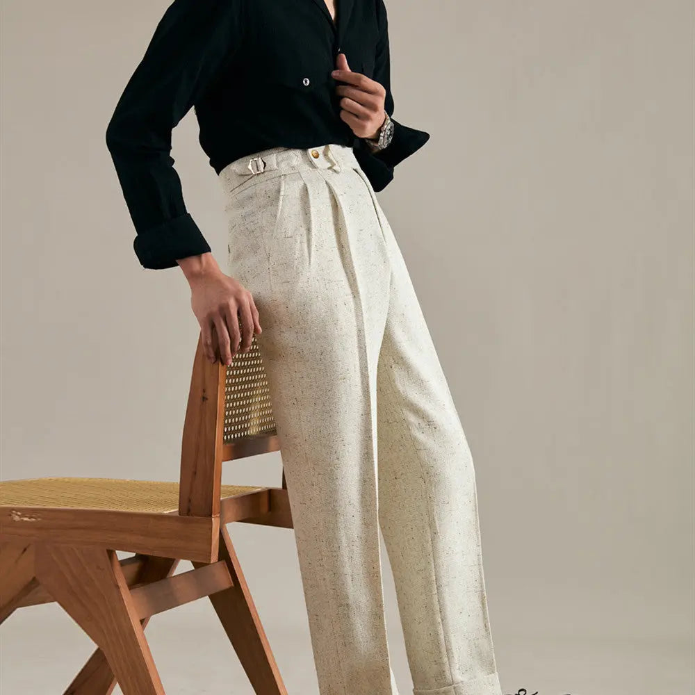 Linen Double Pleated Trousers Straight Leg My Store