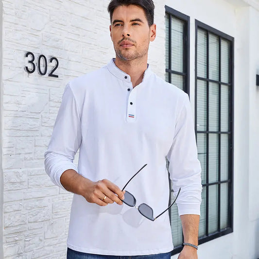 Long Sleeve Stand Collar Cotton Polo Shirt - Old Money Classic