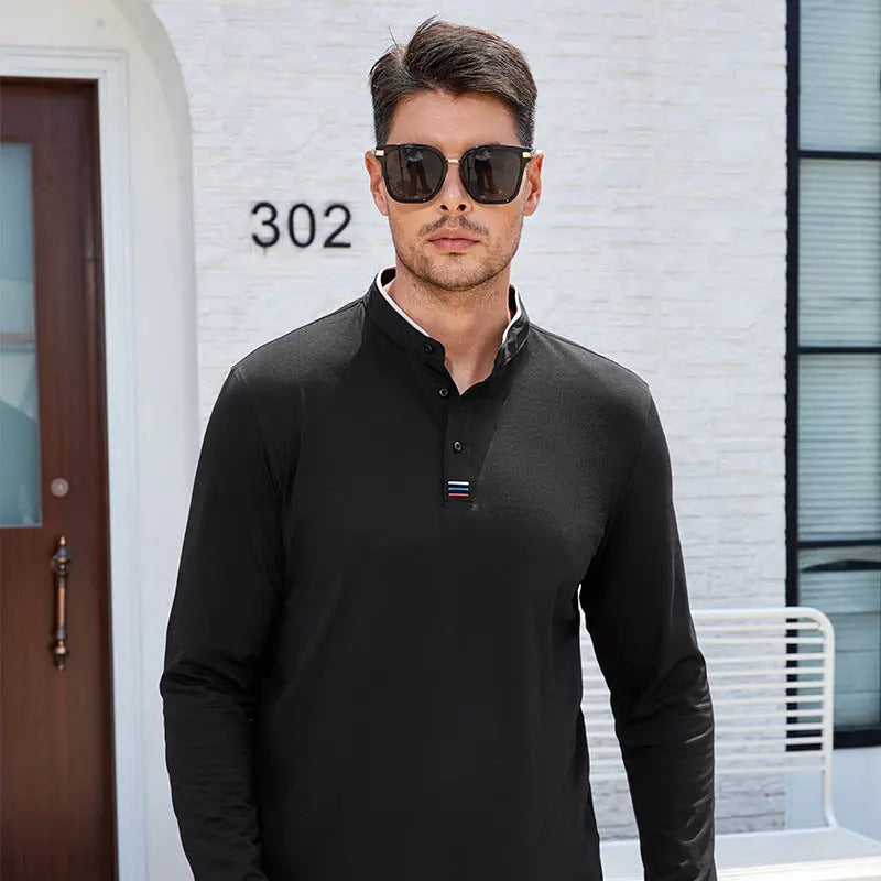 Long Sleeve Stand Collar Cotton Polo Shirt - Old Money Classic