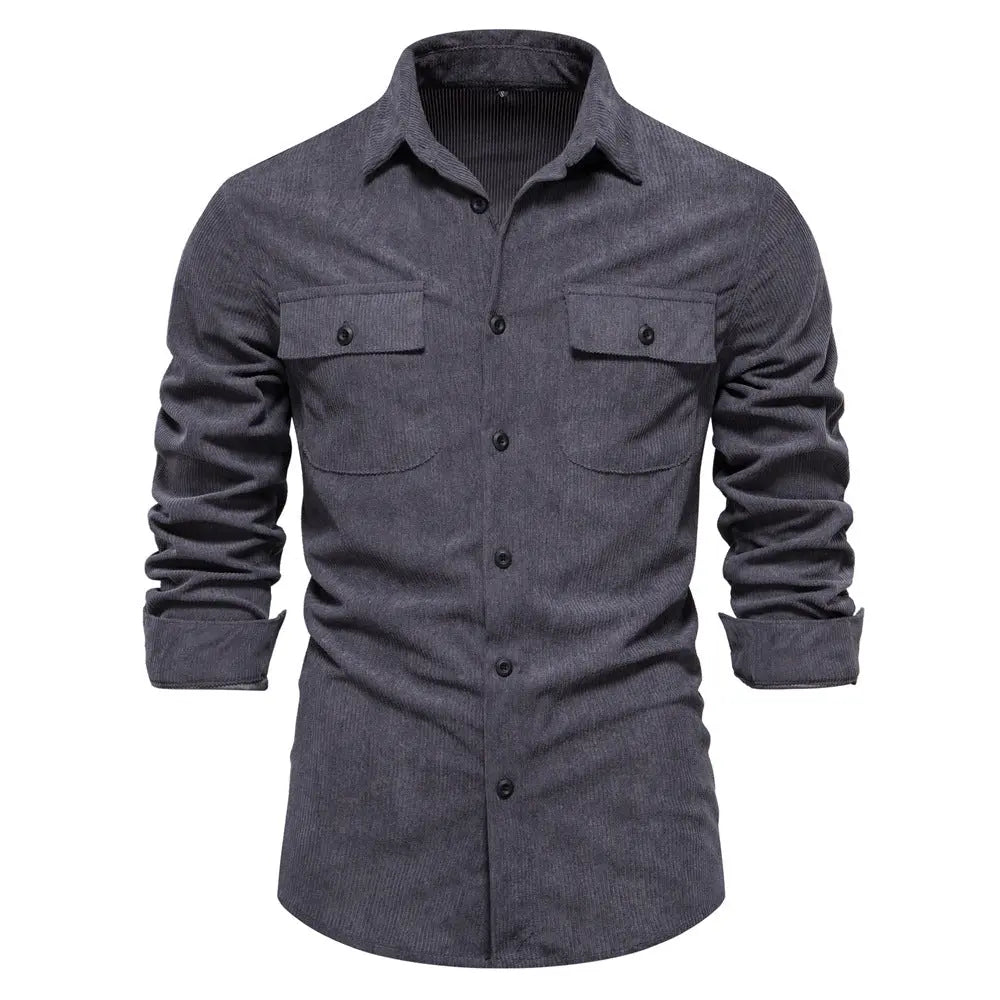 Slim Fit Corduroy Solid Color Long Sleeve Shirt