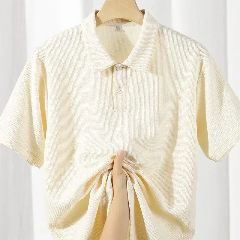 Lapel Waffle Textured Polo Shirt Loose Solid Color Short Sleeve