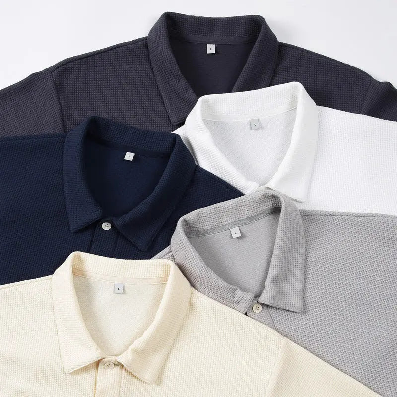 Lapel Waffle Textured Polo Shirt Loose Solid Color Short Sleeve