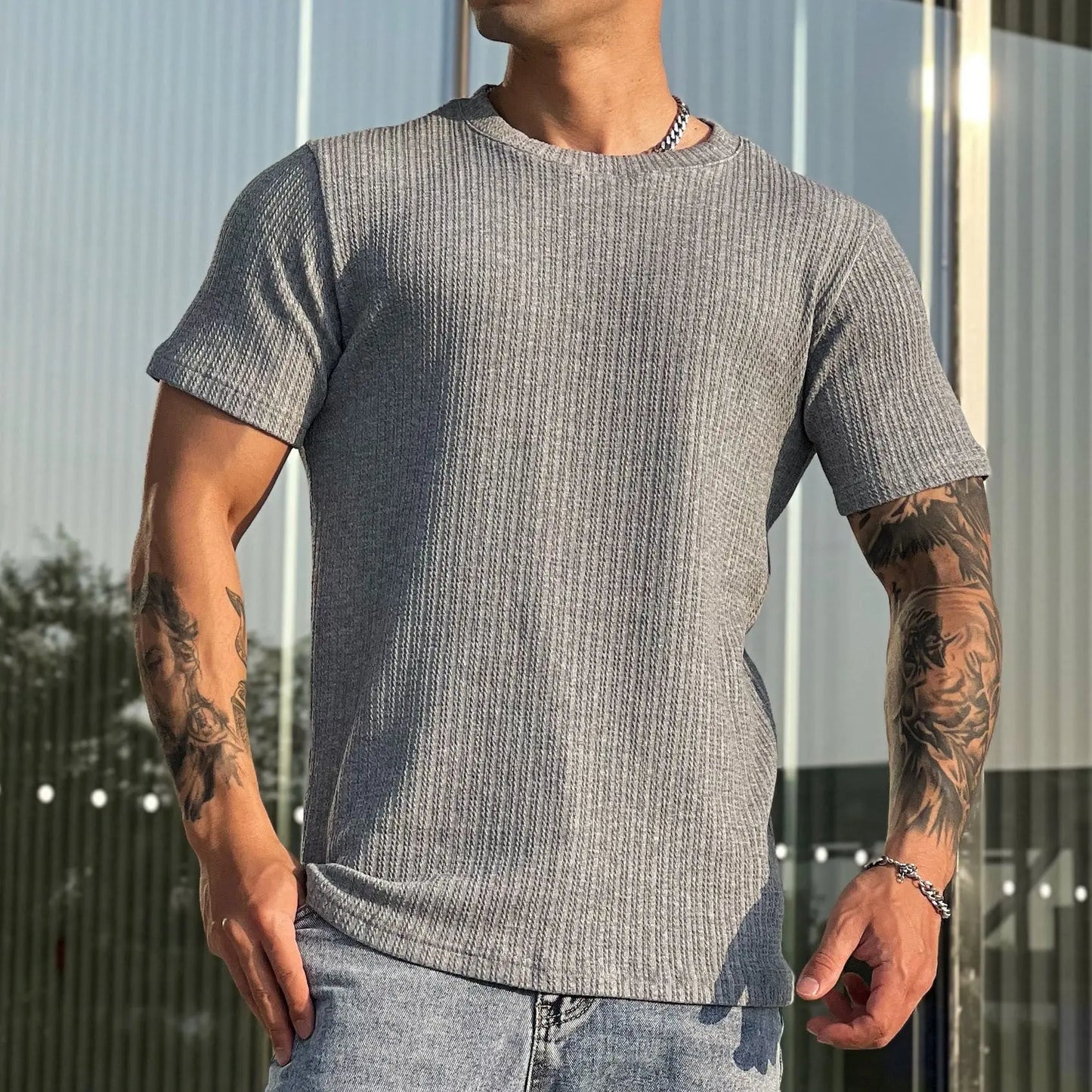 Muscle Twisted Woven Slim Breathable Stretch T-shirt