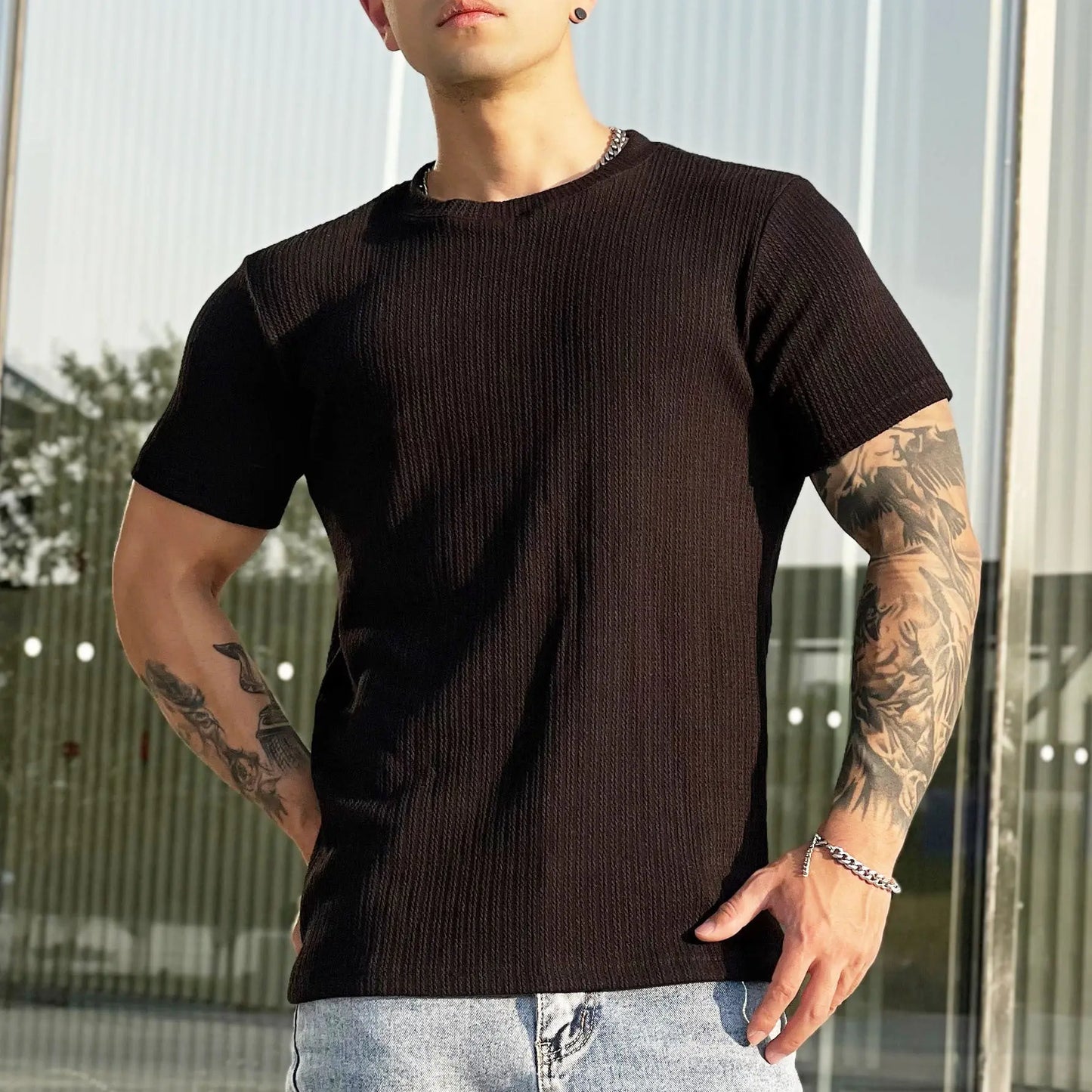 Muscle Twisted Woven Slim Breathable Stretch T-shirt