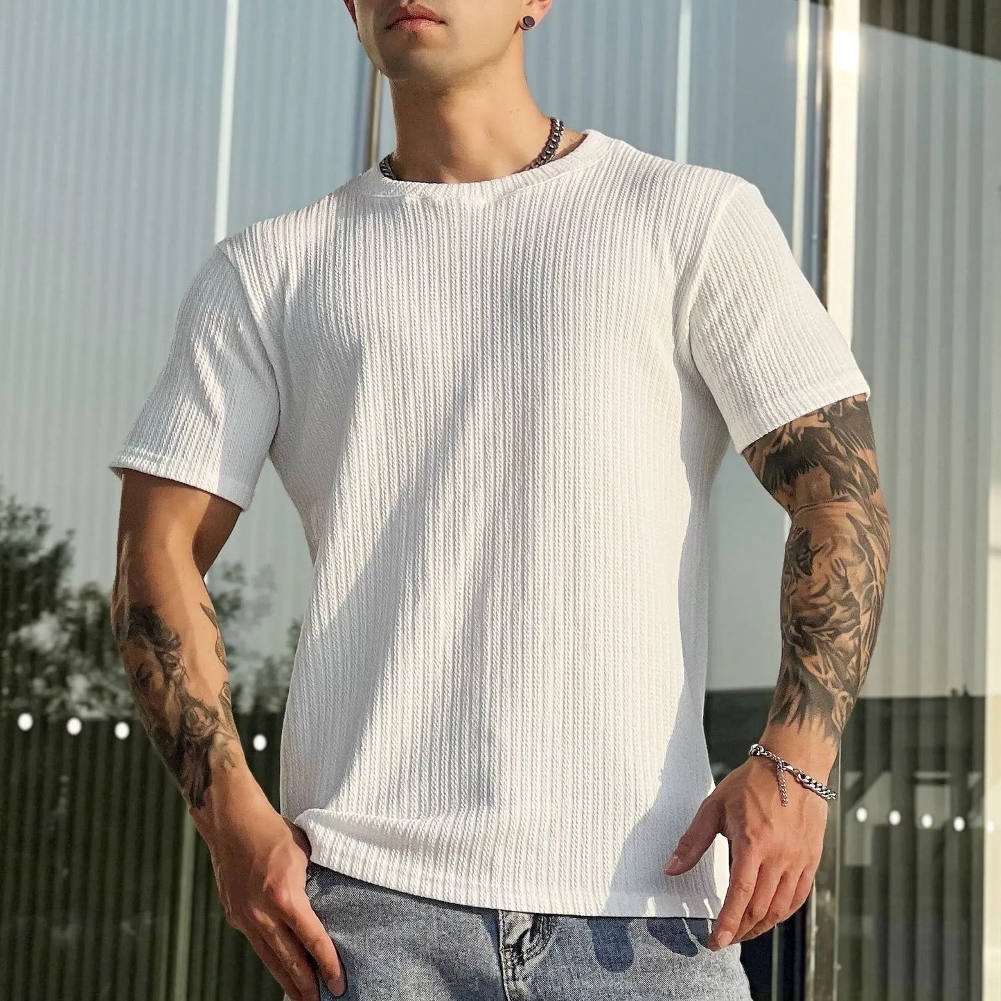 Muscle Twisted Woven Slim Breathable Stretch T-shirt