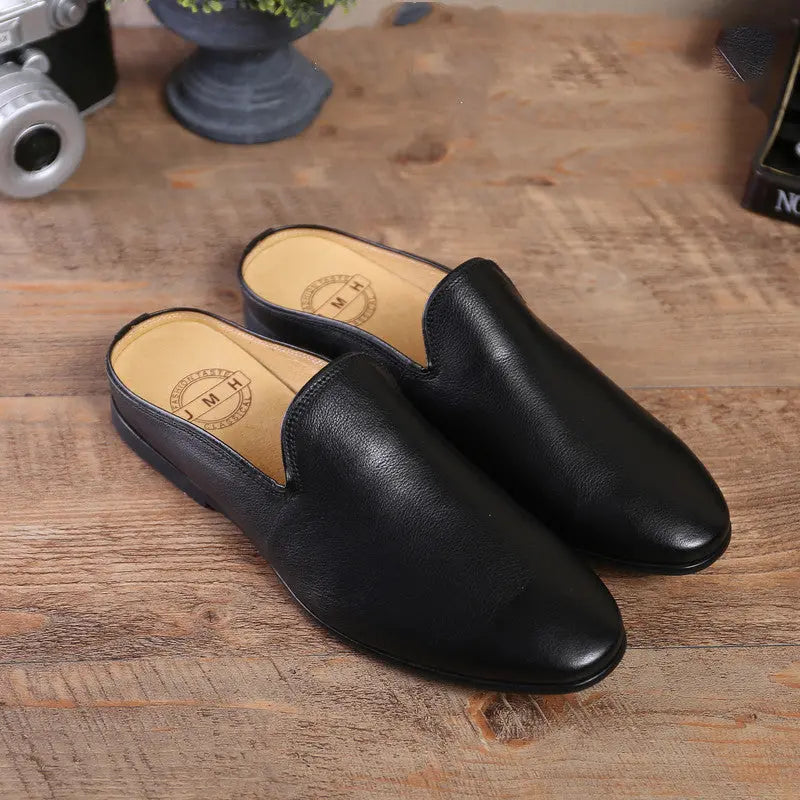 Men's Slippers, Soft Leather Soft Sole Baotou Half Slippers Old Money Classic