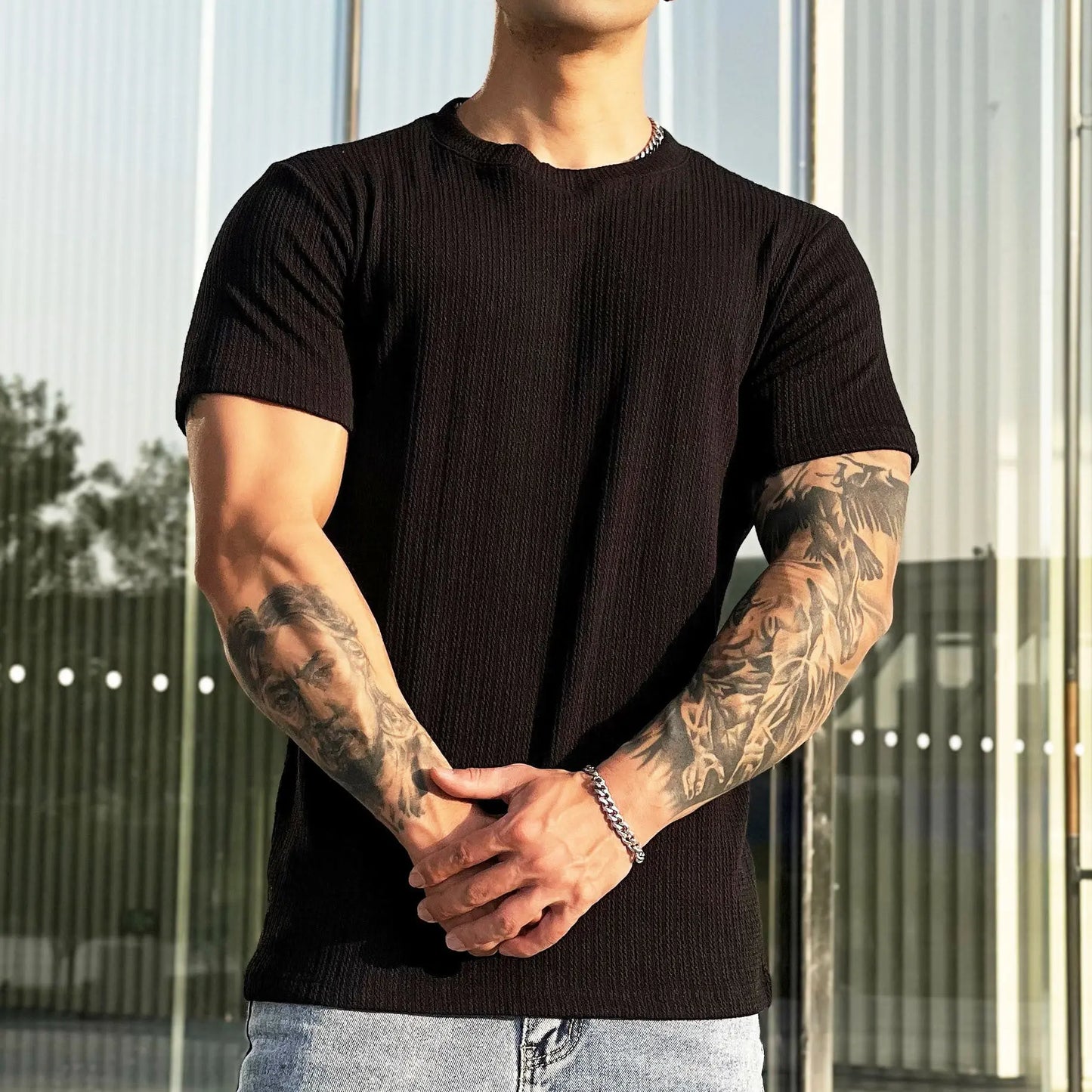 Simplicity All-matching Slim Fit Breathable Stretch Sports Fitness Round Neck Short Sleeve