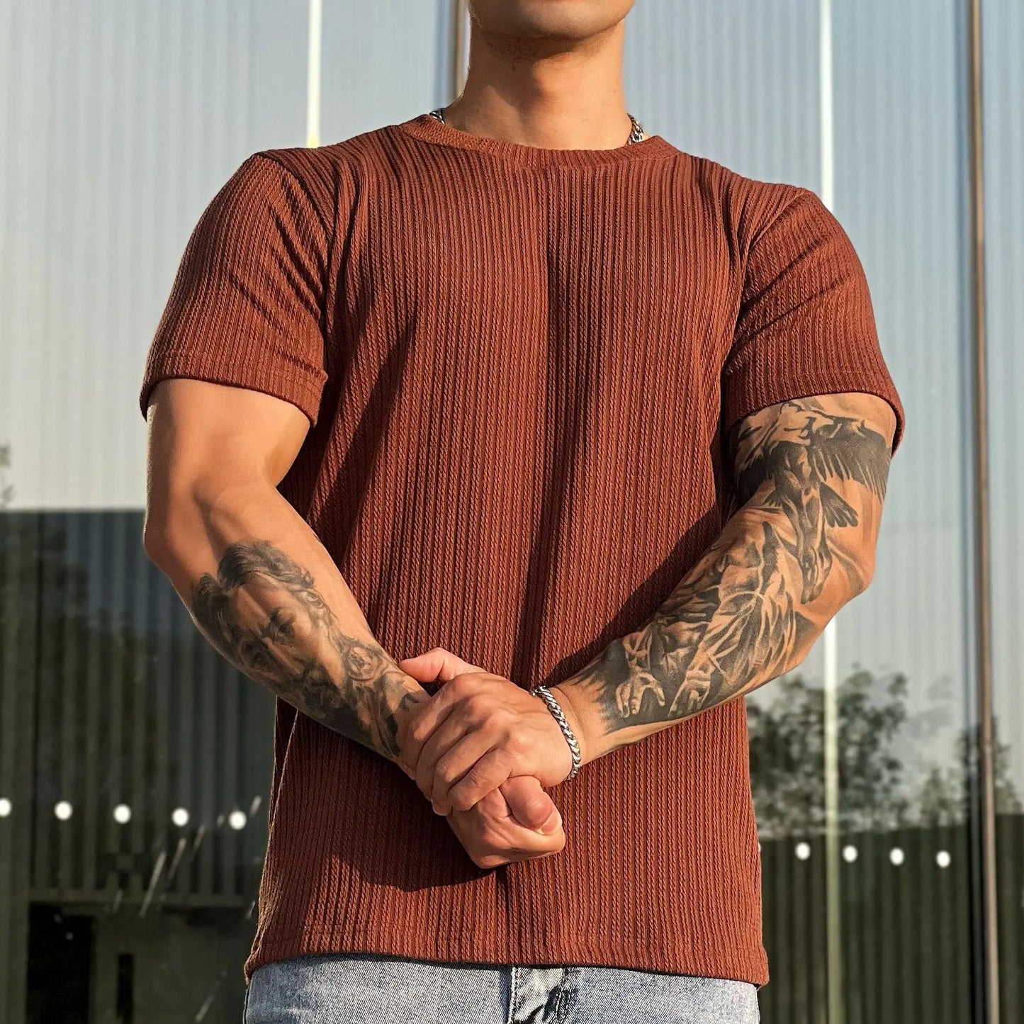 Simplicity All-matching Slim Fit Breathable Stretch Sports Fitness Round Neck Short Sleeve