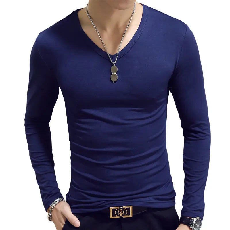 Slim-Fit Solid Color Round or V Neck Pullover