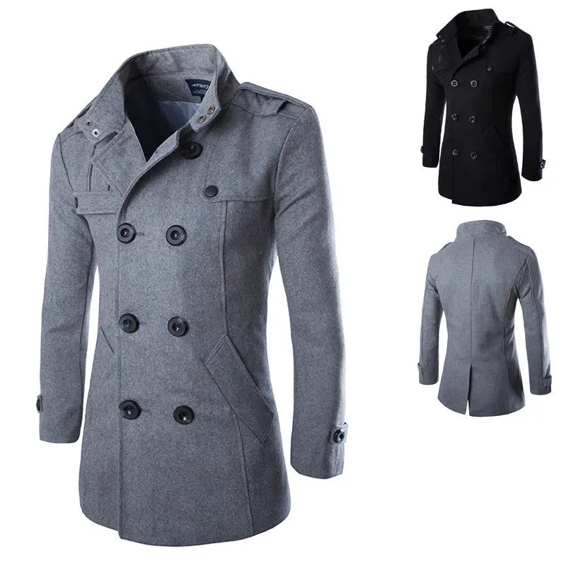 Slim-fit Double-breasted Mid-length Stand Collar Woolen Coat - Old Money Classic