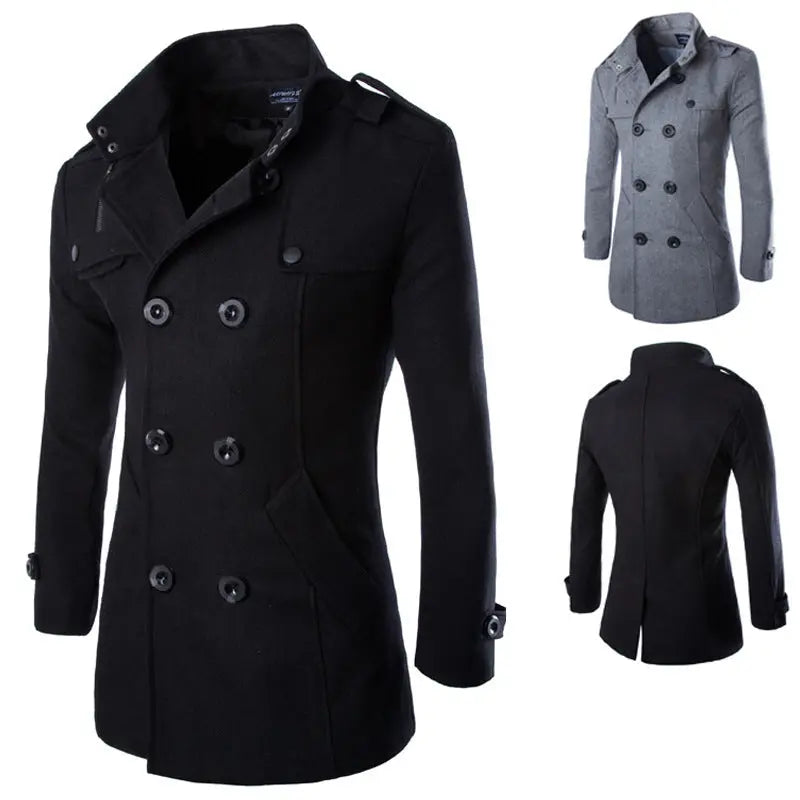 Slim-fit Double-breasted Mid-length Stand Collar Woolen Coat - Old Money Classic