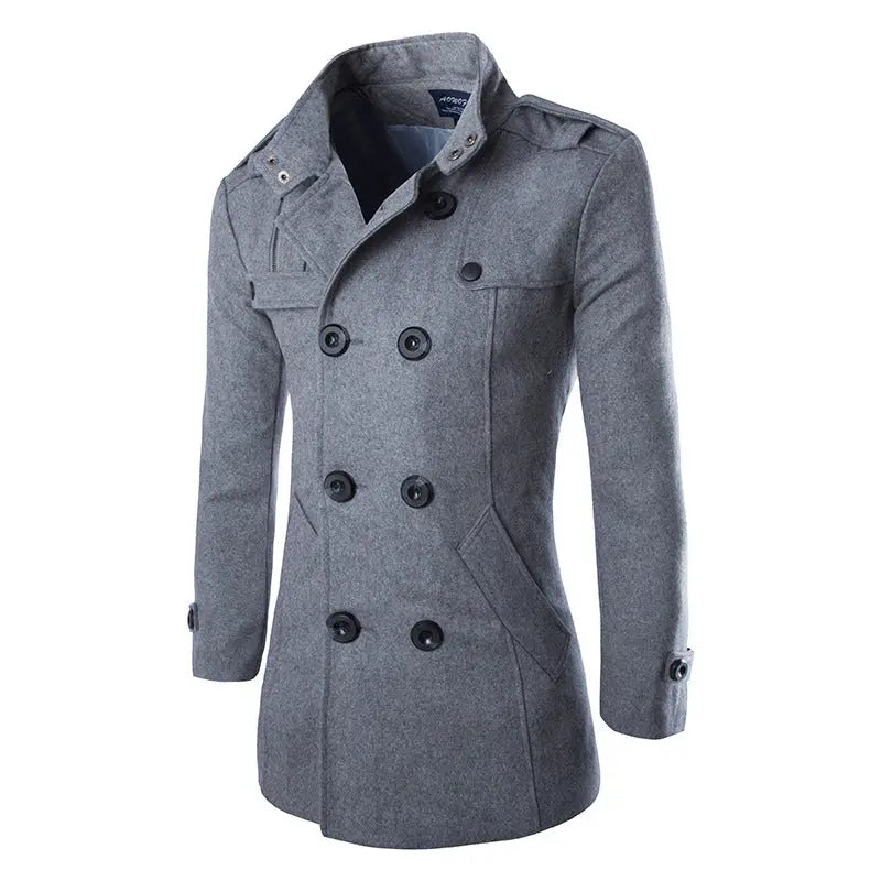 Slim-fit Double-breasted Mid-length Stand Collar Woolen Coat - Old Money Classic