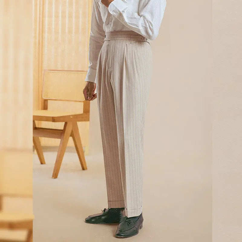 Striped Double Pleated Straight Leg Pants - Old Money Classic