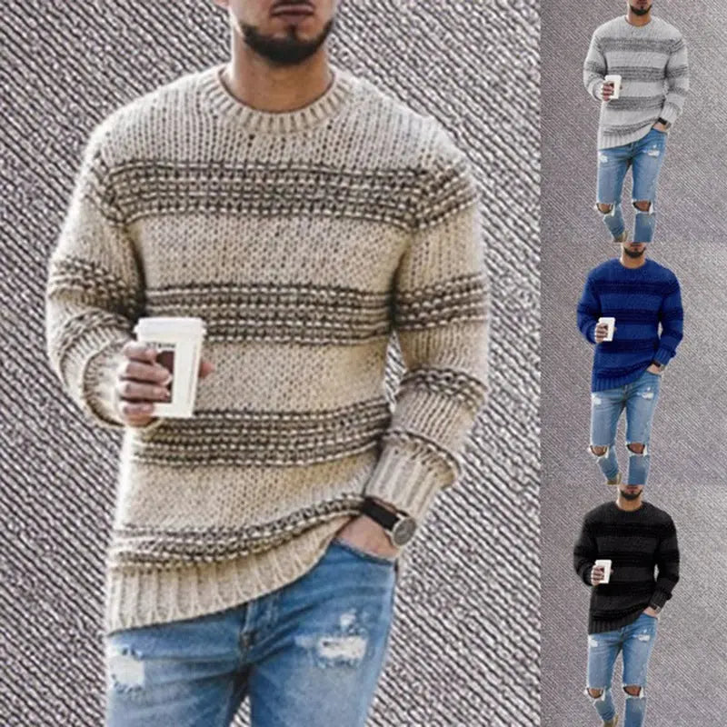 Striped Knitted Wool Round Neck Pullover Sweater Old Money Classic