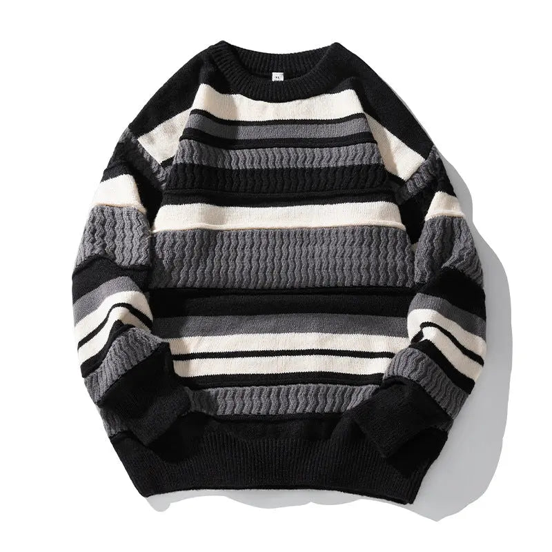 Striped Twisted Patchwork Round Neck Sweater For Men Old Money Classic