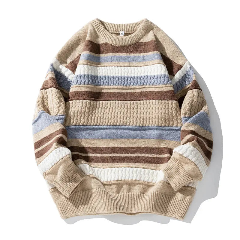 Striped Twisted Patchwork Round Neck Sweater For Men Old Money Classic