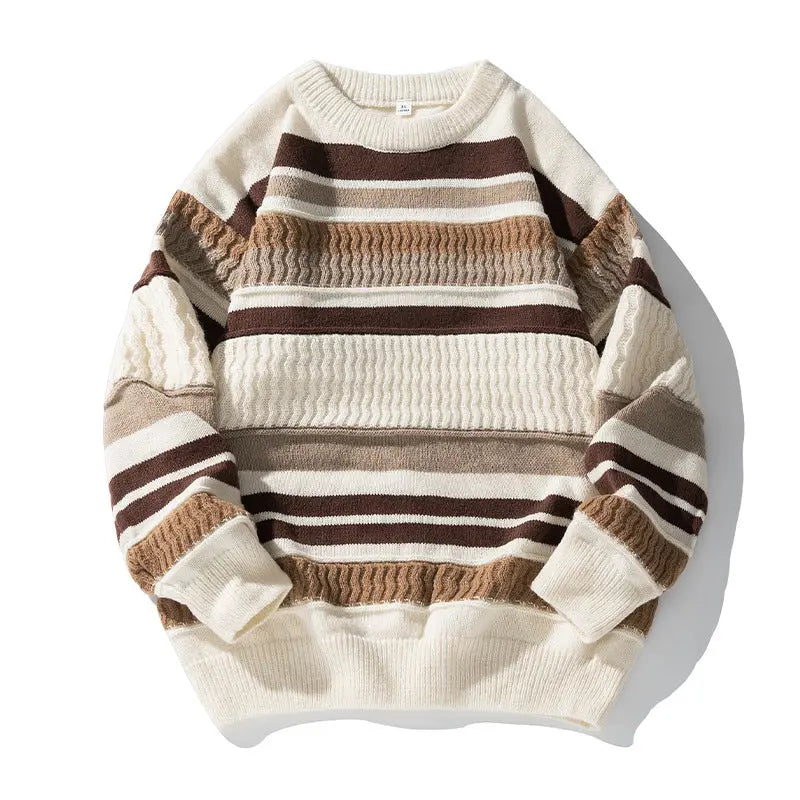 Striped Twisted Patchwork Round Neck Sweater For Men Old Money Classic