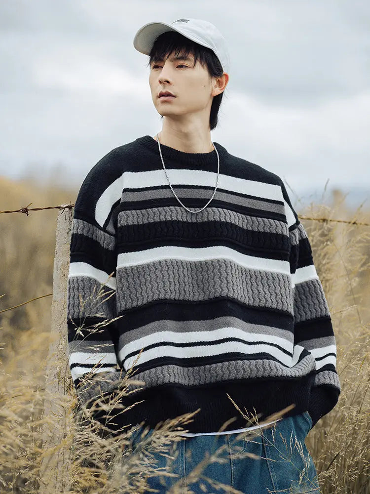 Striped Twisted Patchwork Round Neck Sweater For Men Old Money Classic