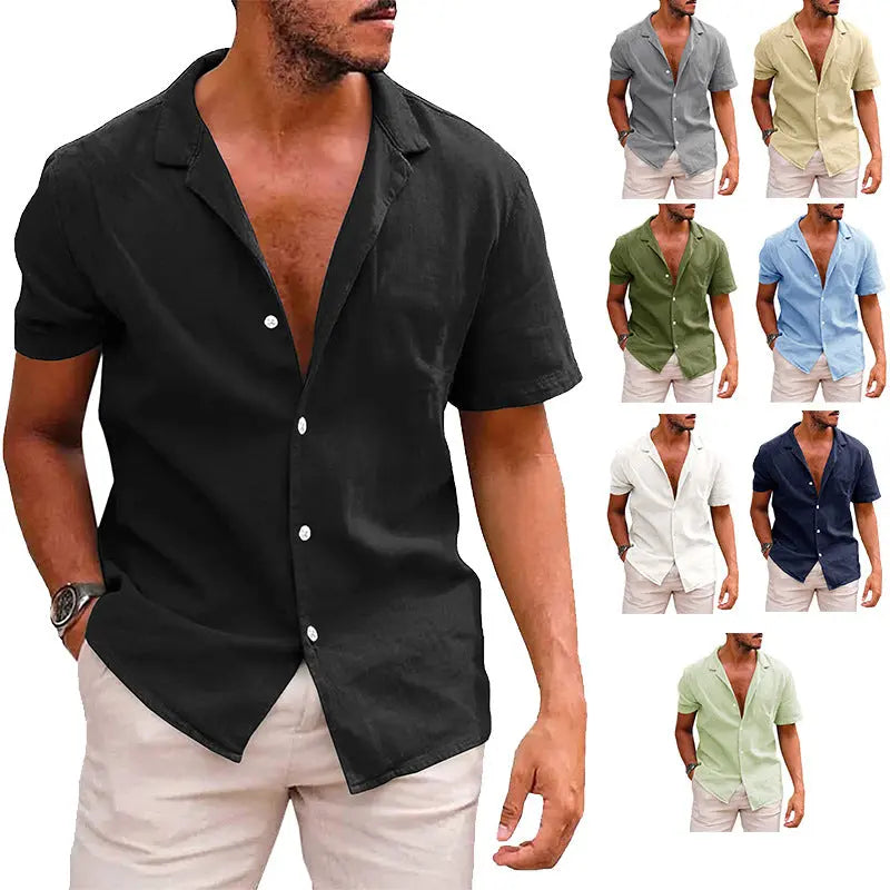 Summer Lapels Solid Color Short Sleeve Cotton And Linen Shirt