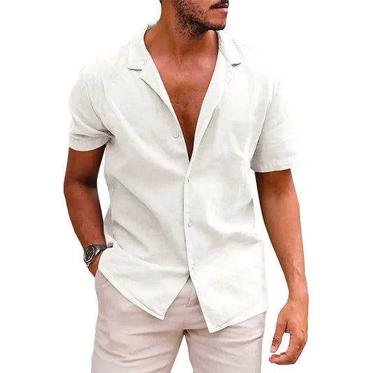 Summer Lapels Solid Color Short Sleeve Cotton And Linen Shirt
