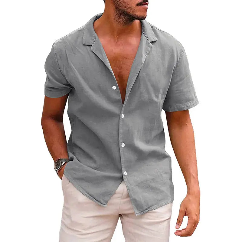 Summer Lapels Solid Color Short Sleeve Cotton And Linen Shirt