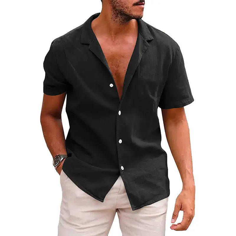 Summer Lapels Solid Color Short Sleeve Cotton And Linen Shirt