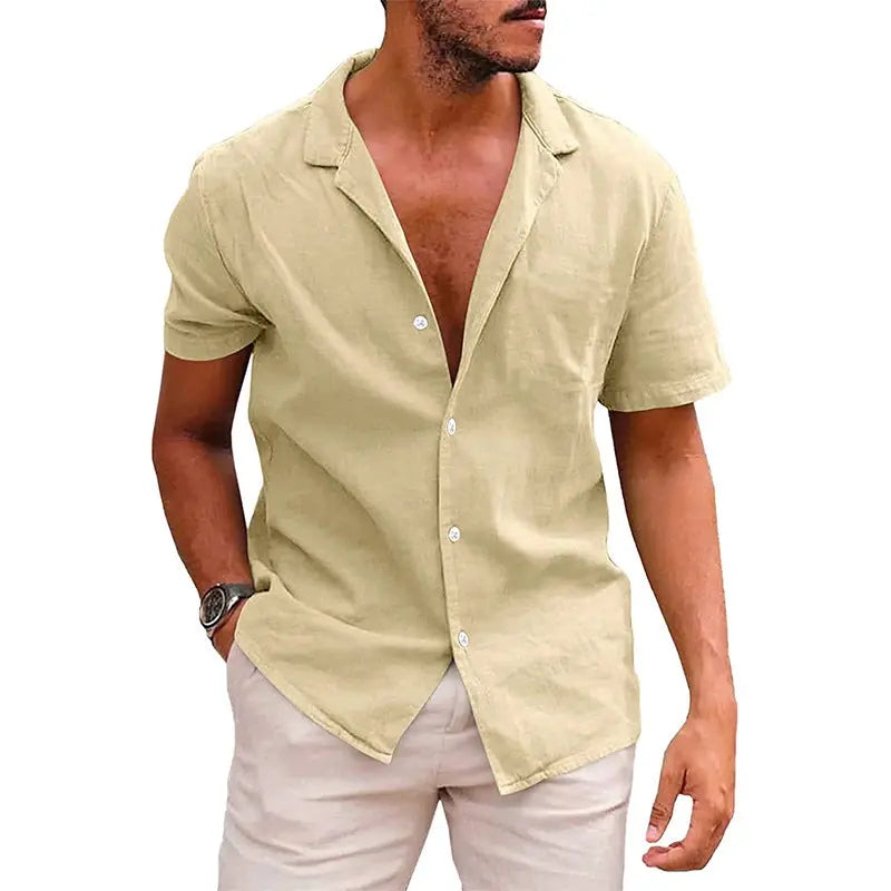 Summer Lapels Solid Color Short Sleeve Cotton And Linen Shirt