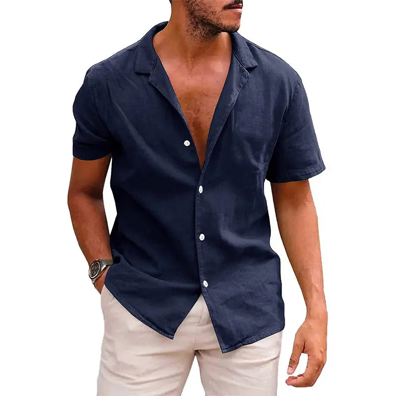 Summer Lapels Solid Color Short Sleeve Cotton And Linen Shirt