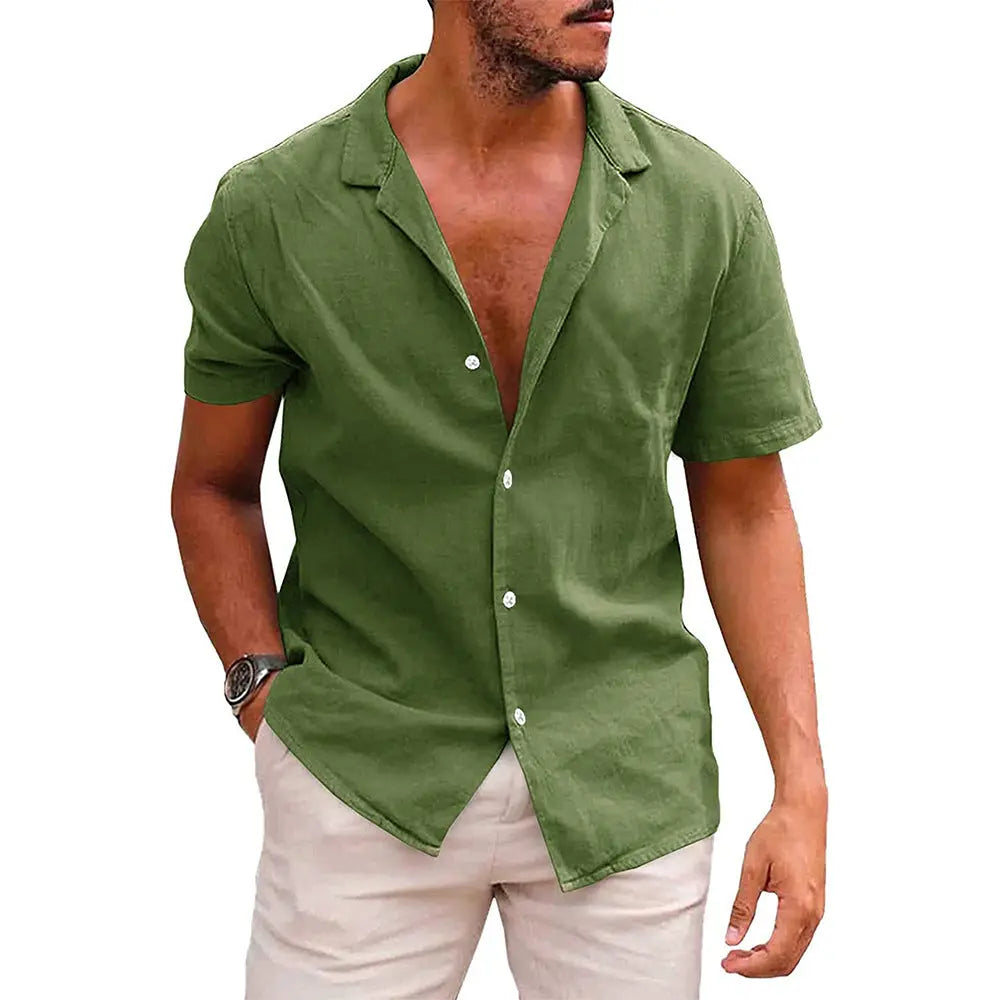 Summer Lapels Solid Color Short Sleeve Cotton And Linen Shirt