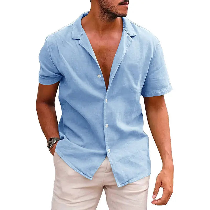 Summer Lapels Solid Color Short Sleeve Cotton And Linen Shirt