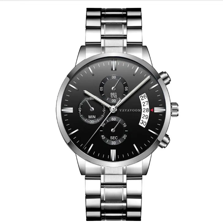 VAVAVOOM Stainless Steel Calendar Quartz Watch Waterproof Black Refined Steel - Old Money Classic