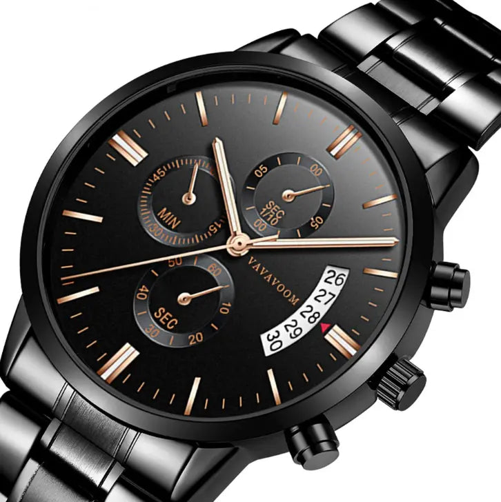 VAVAVOOM Stainless Steel Calendar Quartz Watch Waterproof Black Refined Steel - Old Money Classic