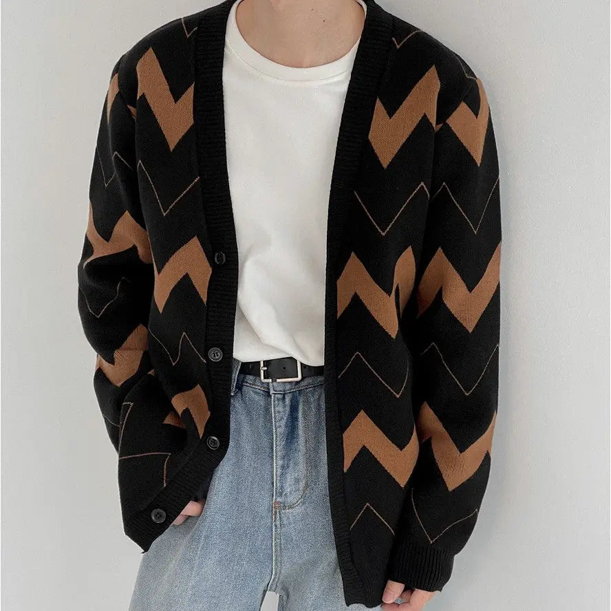 Wave Pattern Cardigan Sweater - Old Money Classic