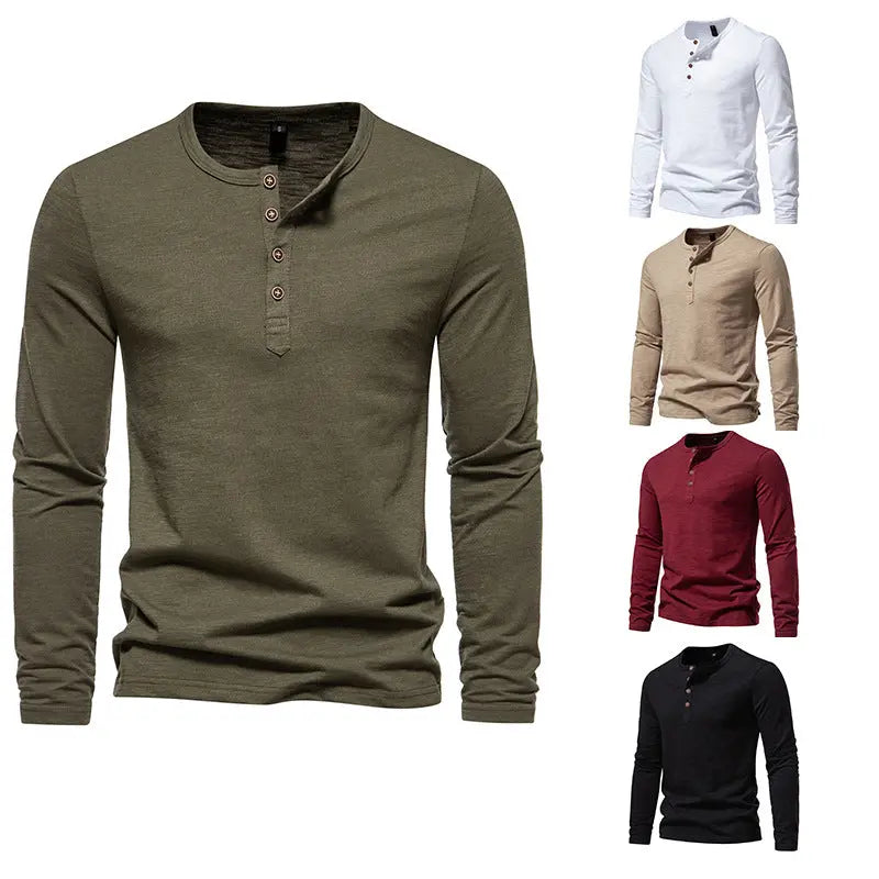 Long Sleeve T-shirt Men's Bamboo Cotton Solid Color Four Button Henry Collar